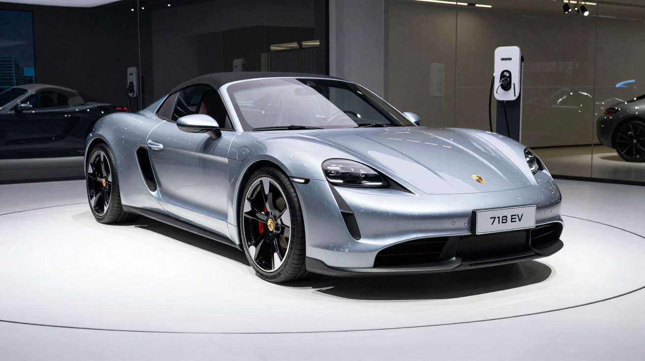 Carro esportivo Porsche 718 EV prata exposto em showroom moderno com estação de carregamento elétrica.