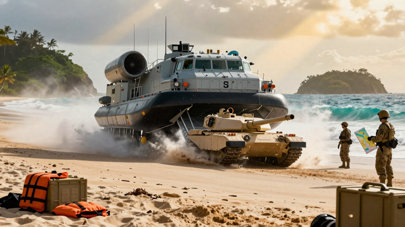 Embarcação de desembarque militar na praia com tanque e soldados em treinamento à beira mar ao amanhecer.