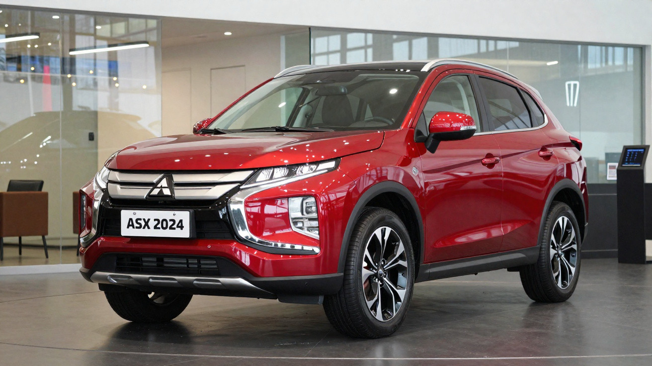 SUV Mitsubishi ASX 2024 vermelho em exibição dentro de uma concessionária moderna.