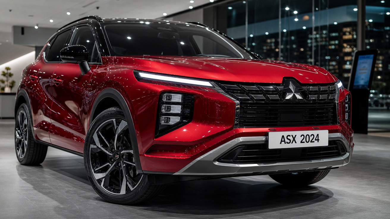 Carro SUV vermelho Mitsubishi ASX 2024 exibido em showroom moderno com teto preto e rodas esportivas.