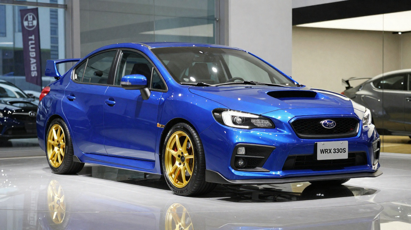 Carro sedã esportivo Subaru WRX 330S azul com rodas douradas exposto em salão automotivo.