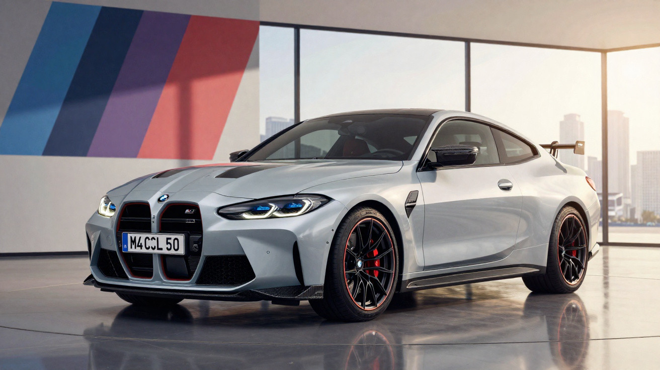 Carro esportivo BMW M4 cinza estacionado em ambiente fechado com janelas grandes e decoração colorida na parede.
