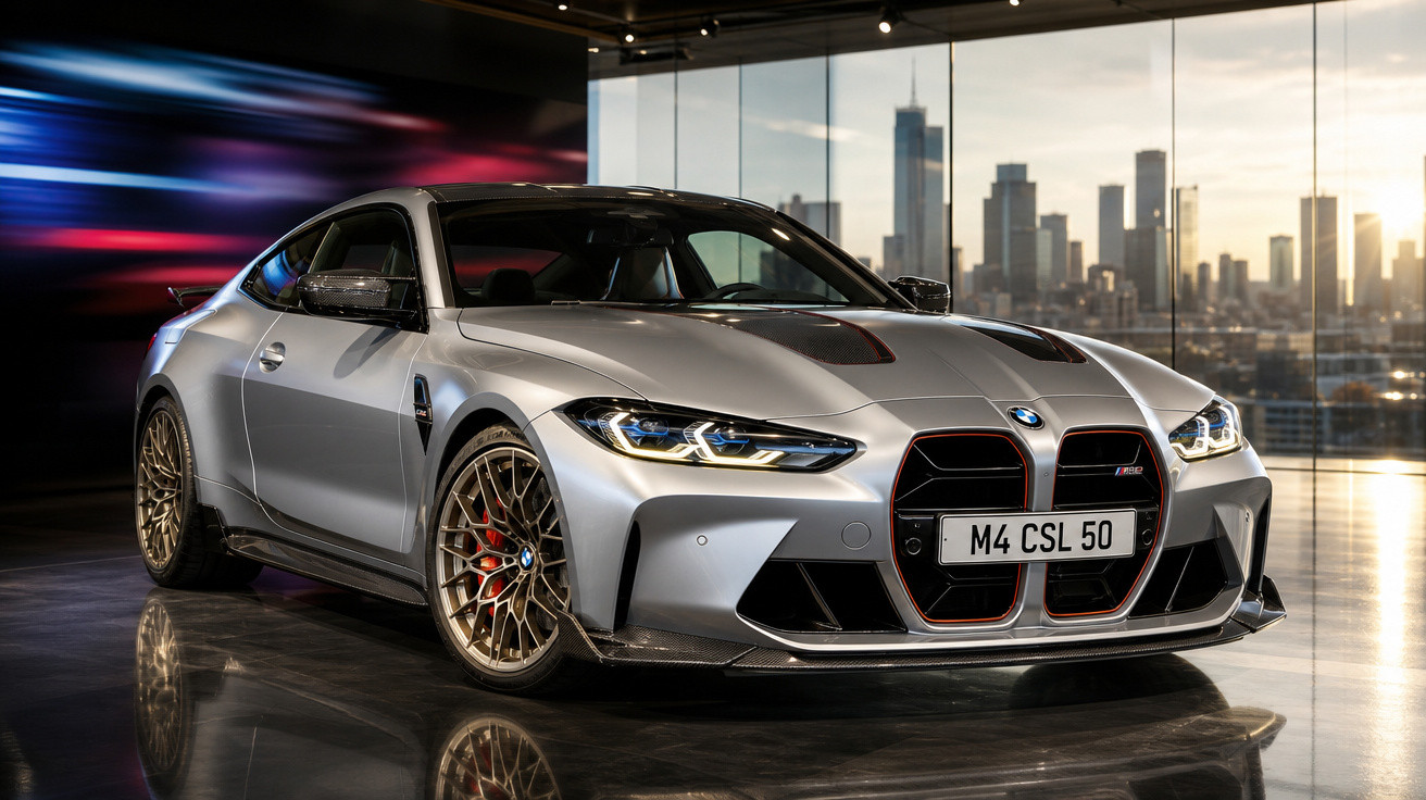 Carro esportivo BMW M4 CSL prata estacionado em ambiente interno com vista urbana ao fundo ao pôr do sol.