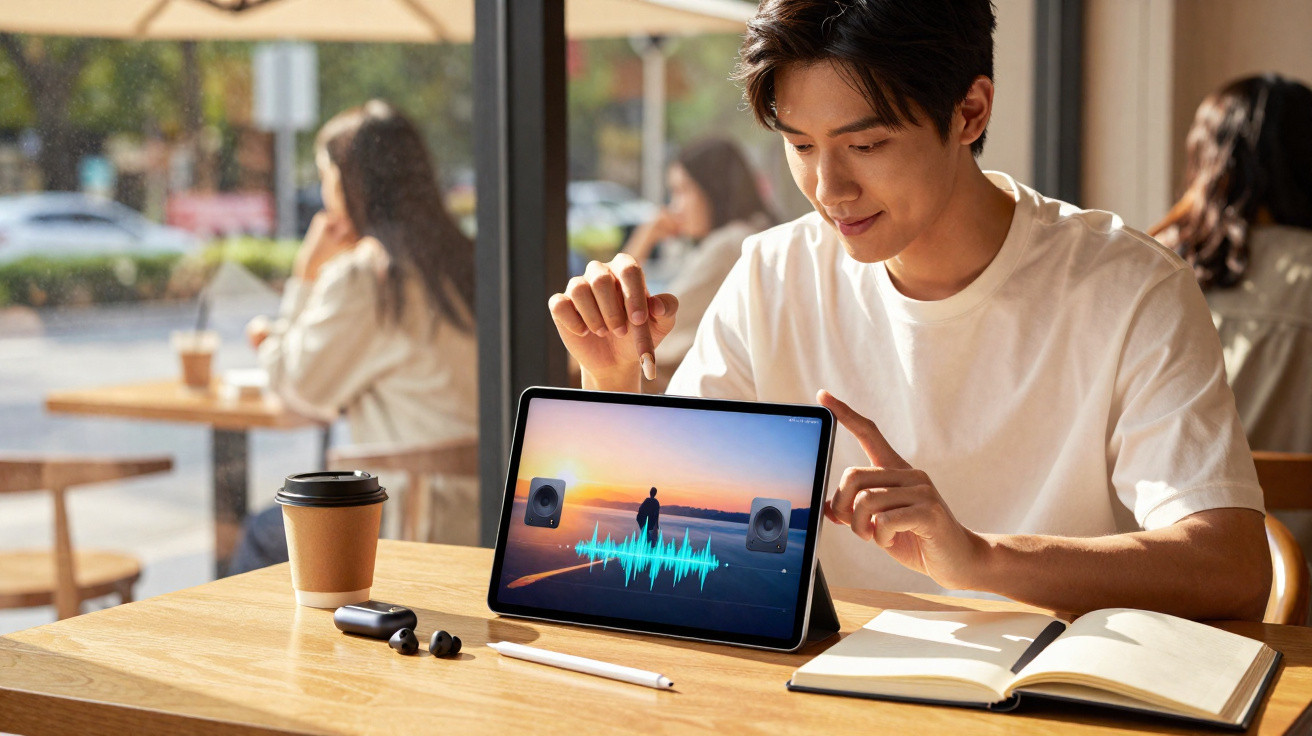 Jovem sentado em cafeteria usando tablet com gráfico de áudio na tela, com café, fones e caderno na mesa.