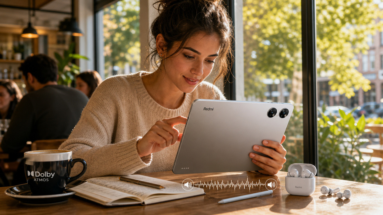 Mulher usando tablet Redmi em café, com caderno aberto, fones e caneta sobre a mesa iluminada pela luz do dia.