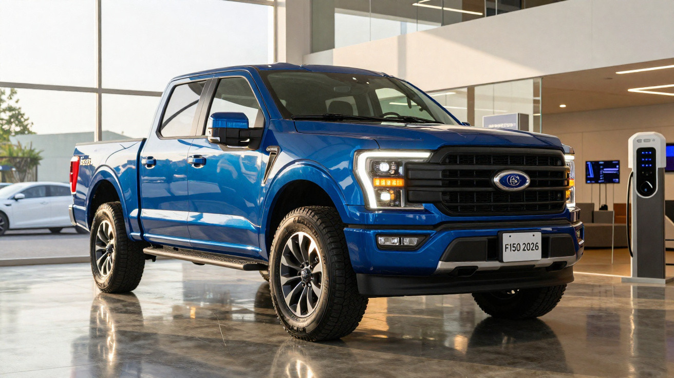 Picape Ford F-150 2026 azul exposta em showroom moderno com piso refletivo e estação de carregamento elétrico.