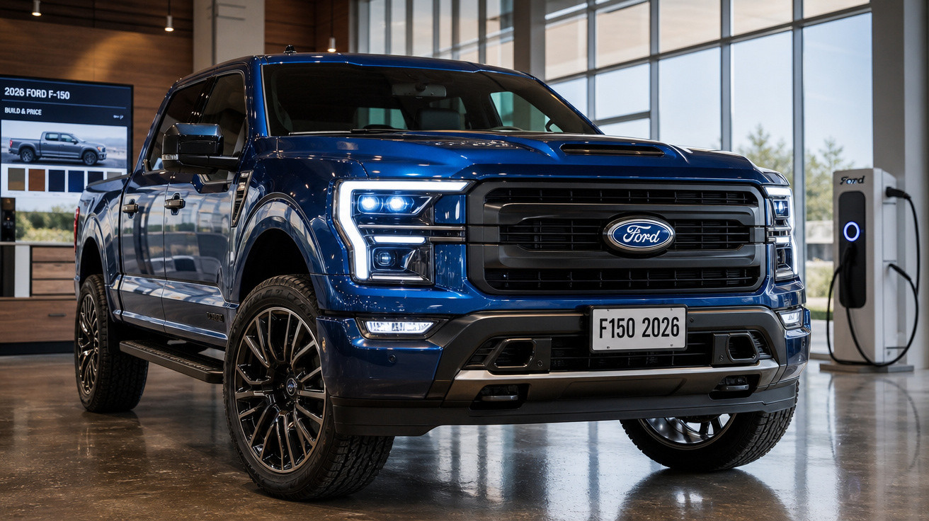 Picape Ford F-150 2026 azul escura exibida em showroom moderno com iluminação natural.