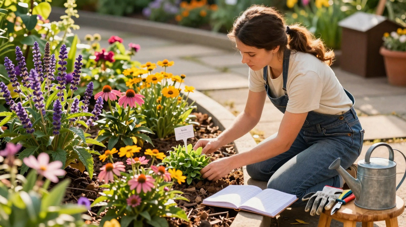 Mulher cuidando de plantas e flores em jardim, com regador e ferramentas ao lado, lendo livro aberto.