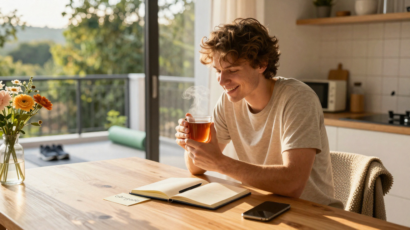 Jovem sentado à mesa, segurando xícara de chá quente e sorrindo, com caderno aberto à sua frente.