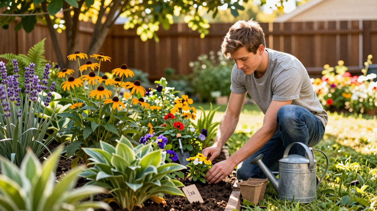 Jovem cuidando de plantas flores coloridas em jardim ensolarado com regador ao lado.