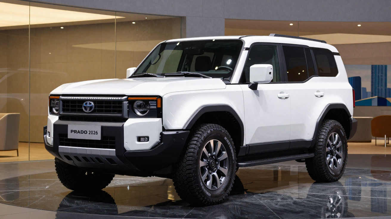Carro SUV branco Toyota Prado 2026 exibido em ambiente interno moderno com piso de mármore.