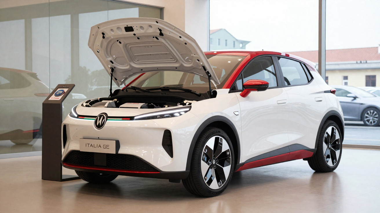 Carro elétrico branco com detalhes vermelhos, capô aberto, exposição em showroom moderno com vidros ao fundo.