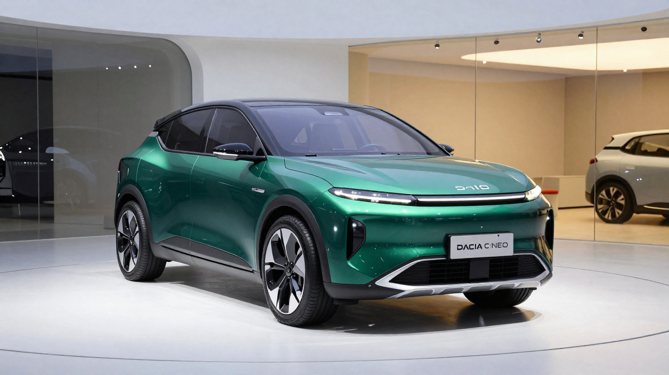 Carro elétrico verde Dacia Spring em exposição, com design moderno e rodas grandes.