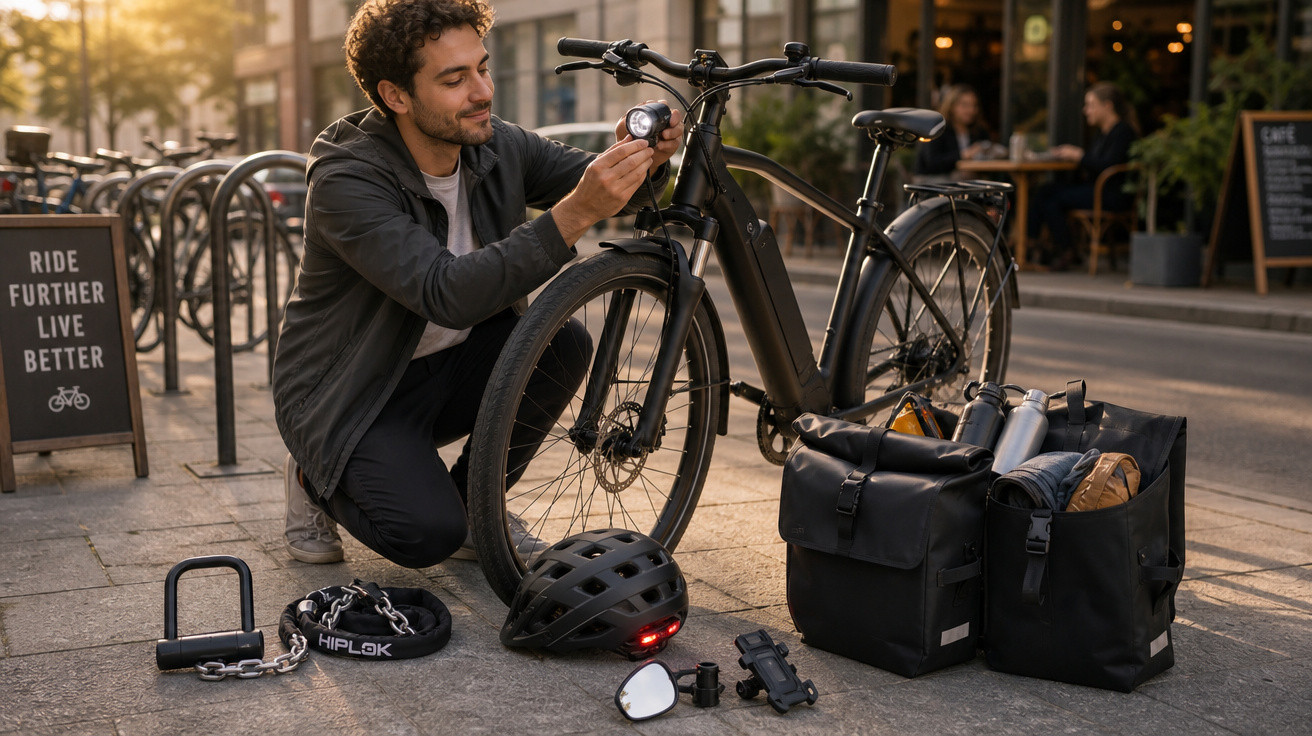 Homem ajusta luz de bicicleta elétrica estacionada com acessórios de ciclismo ao redor em calçada urbana.