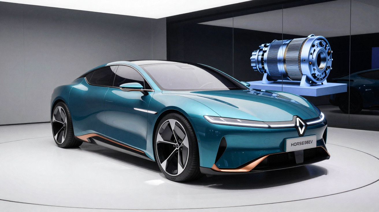 Carro elétrico esportivo azul Renault em exposição com motor exposto ao fundo em ambiente moderno