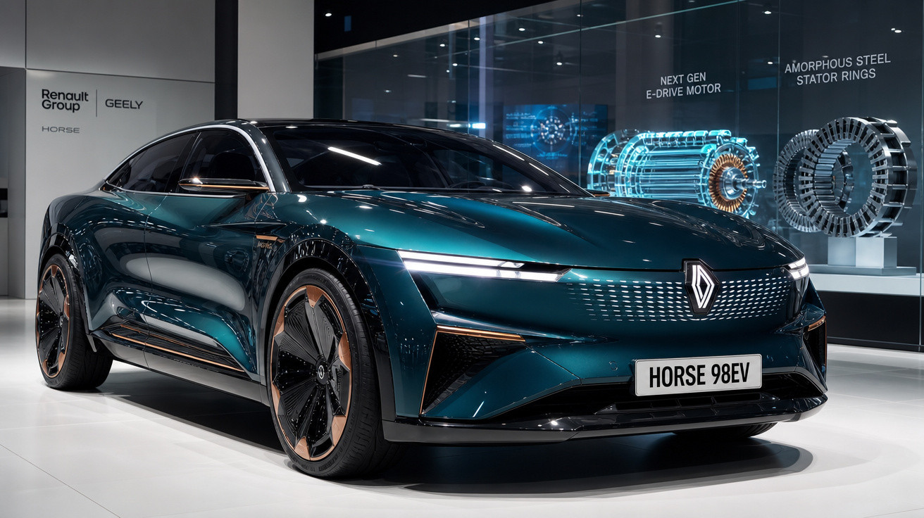 Carro elétrico conceito verde-escuro Renault Horse 98EV exibido em estande futurista.