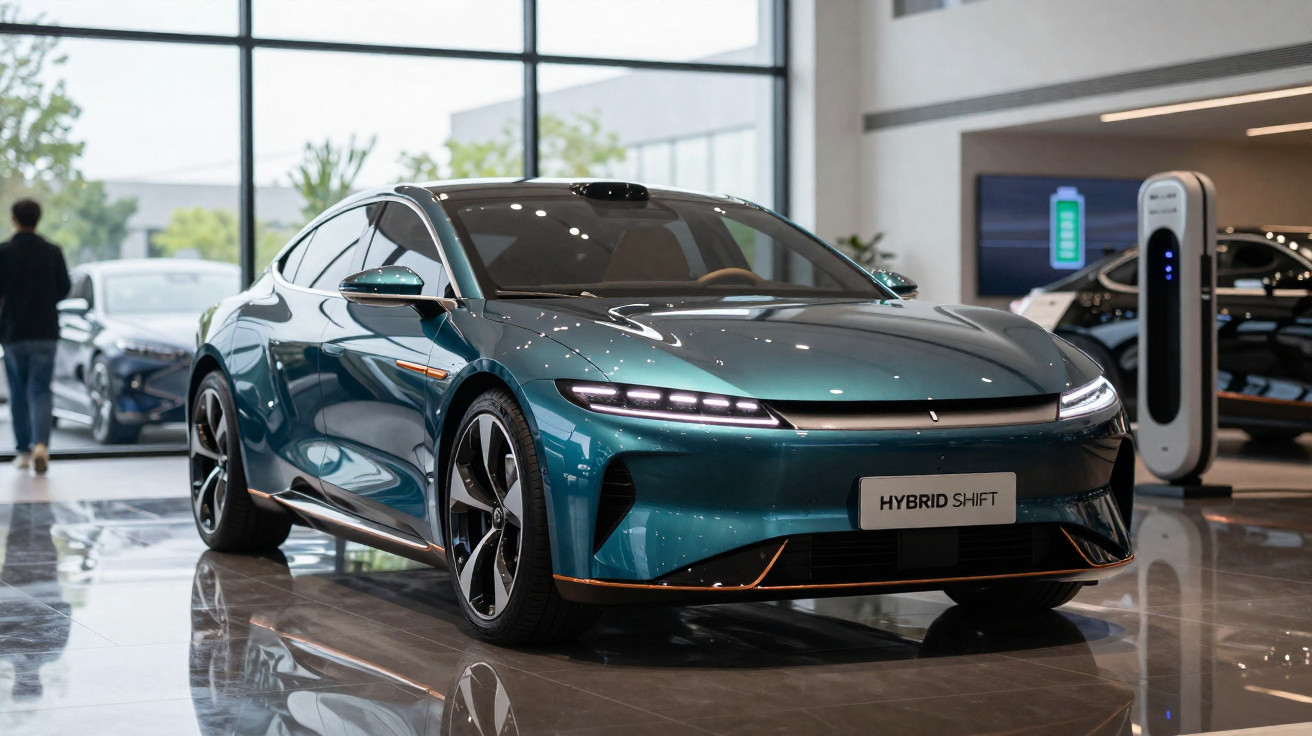 Carro elétrico híbrido azul estacionado em showroom moderno com painel de carregamento ao lado.