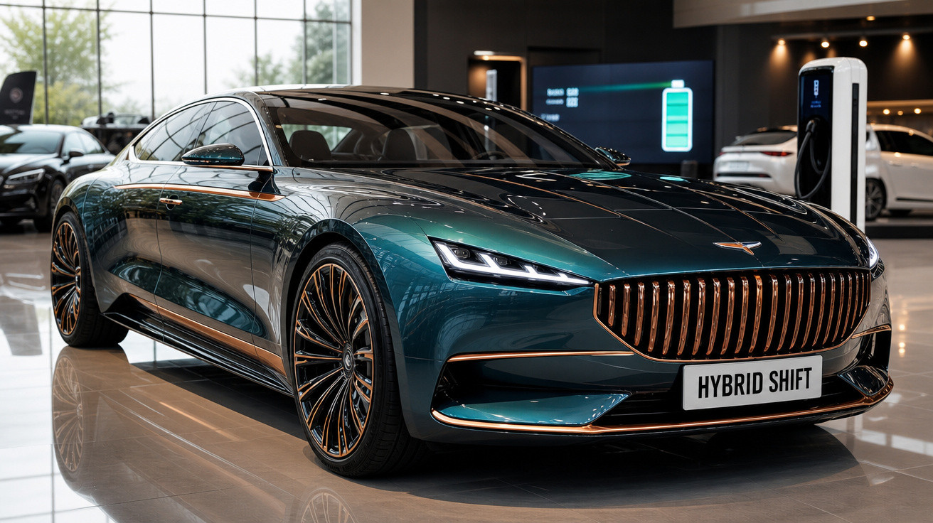 Carro elétrico híbrido de luxo verde escuro exibido em showroom moderno, com design aerodinâmico e rodas largas.