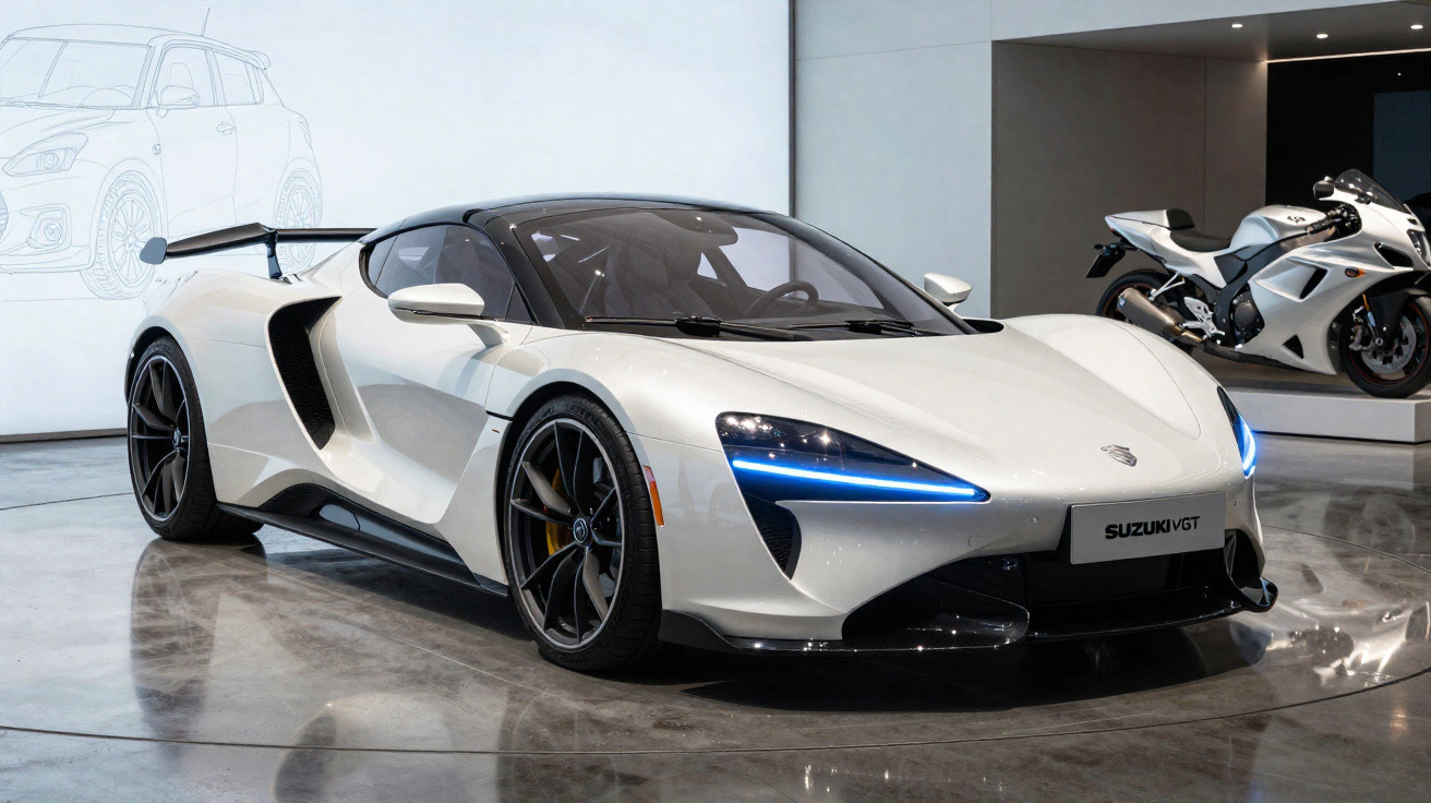 Carro esportivo branco Suzuki VGT em exposição com luzes azuis e motocicleta branca ao fundo.
