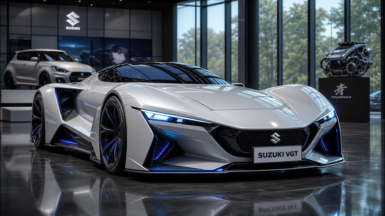 Carro esportivo branco Suzuki VGT exibido em showroom com iluminação moderna e motor em pedestal ao fundo.