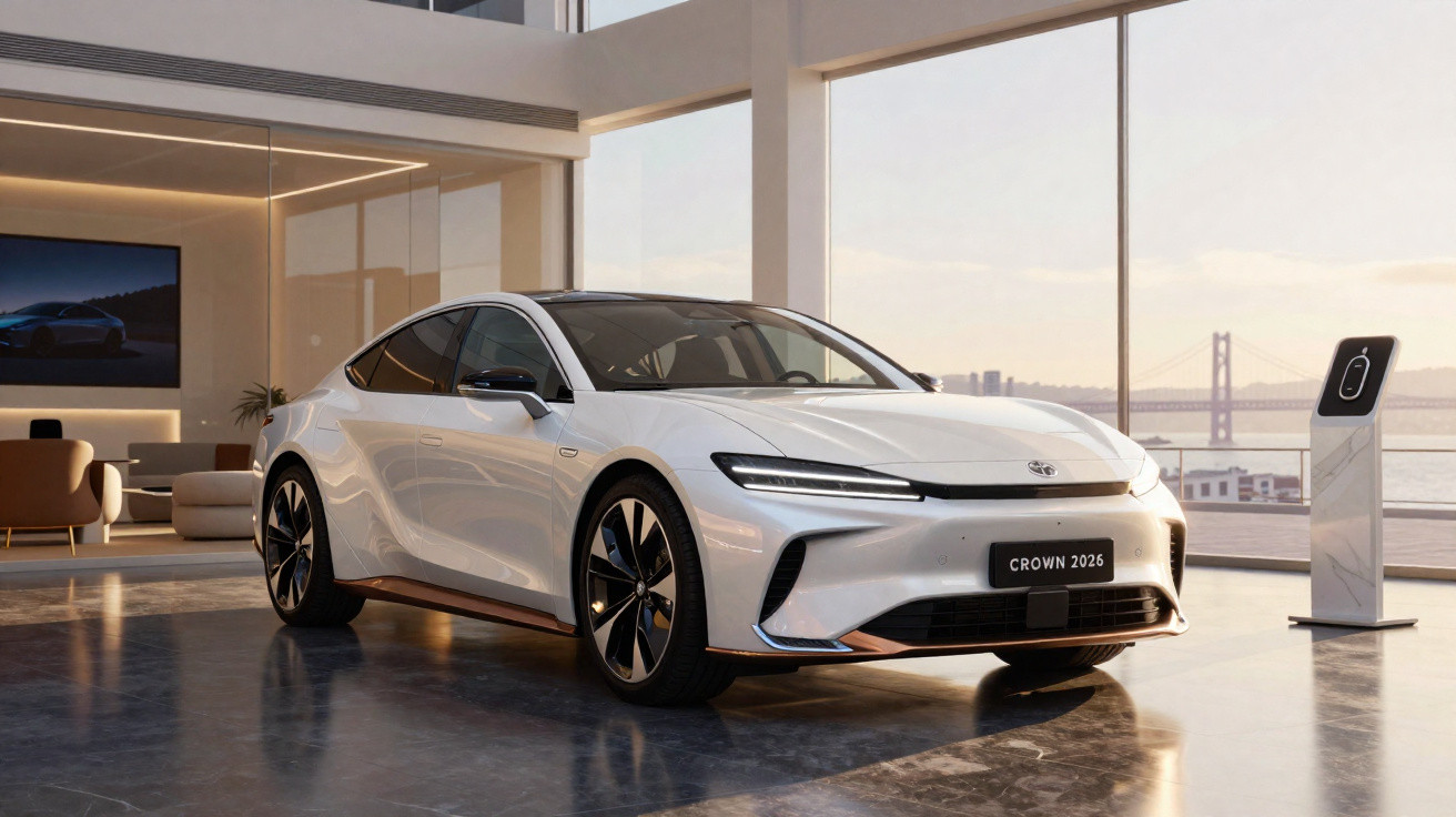 Carro elétrico branco Crown 2026 exibido em sala com grandes janelas e estação de recarga ao lado.