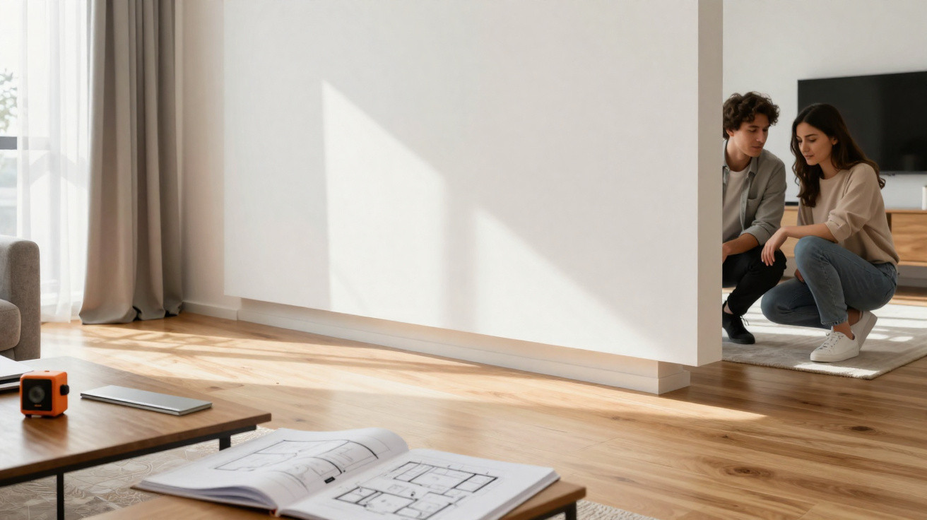 Casal analisando planta baixa em ambiente moderno com chão de madeira e móveis minimalistas.