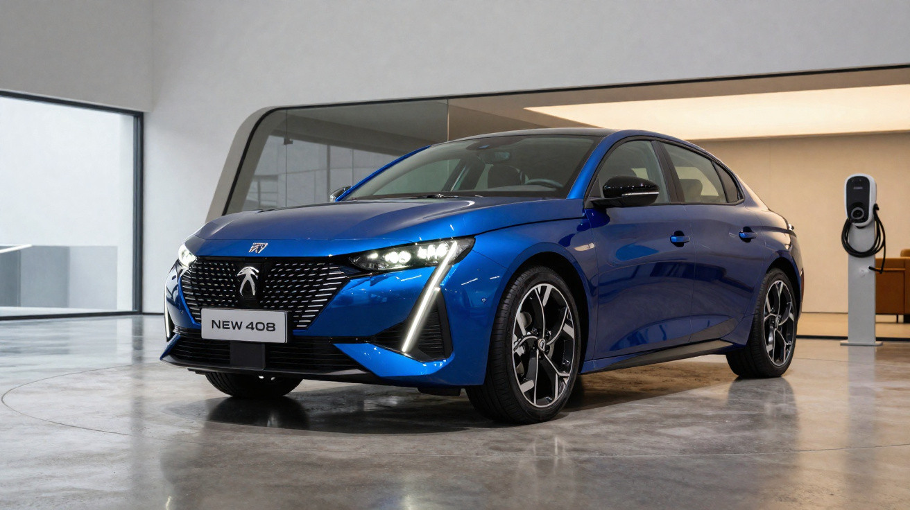 Carro elétrico azul Peugeot New 408 estacionado em ambiente moderno com carregador ao fundo.