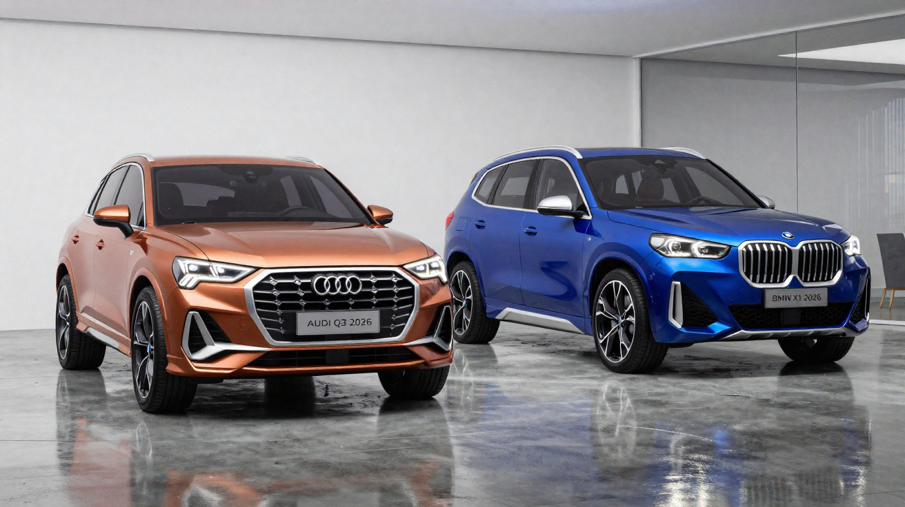Dois SUVs modernos em um showroom iluminado, um Audi Q3 2026 laranja e um BMW X1 2026 azul.