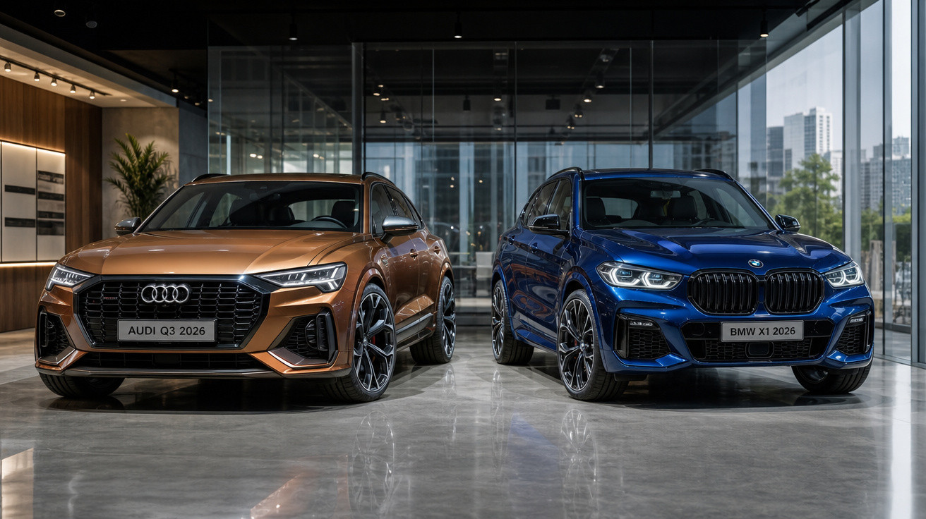 Dois carros SUV estacionados em showroom moderno, Audi Q3 2026 marrom e BMW X1 2026 azul.