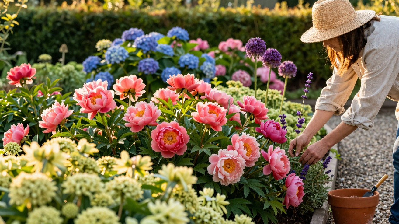 Mulher com chapéu cuidando de flores coloridas em jardim ensolarado no fim da tarde.
