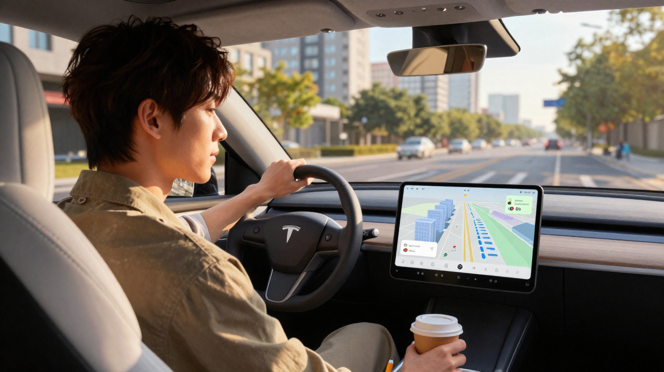 Homem dirigindo Tesla com tela de navegação e segurando copo de café em estrada urbana ao amanhecer.