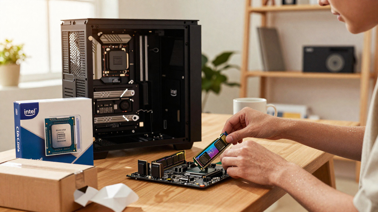 Pessoa instalando memória RAM em placa-mãe, com gabinete aberto e processador Intel sobre a mesa.