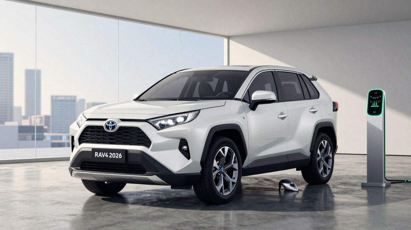 Carro elétrico branco Toyota RAV4 2026 conectado a estação de carregamento em ambiente moderno.