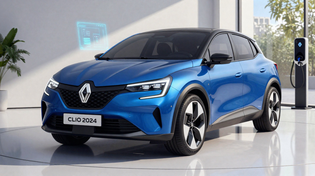 Carro elétrico Renault Clio 2024 azul em ambiente interno com estação de carregamento ao fundo.