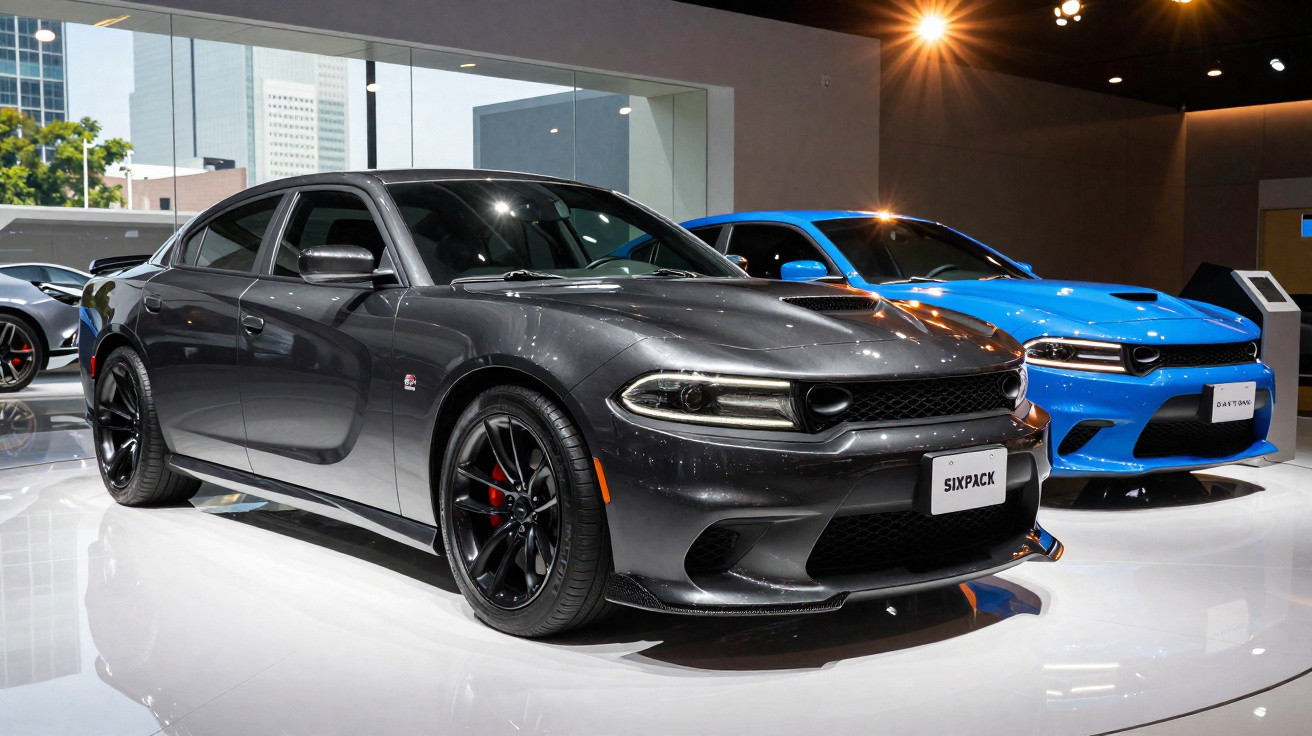 Dois carros esportivos Dodge Charger, um cinza escuro e outro azul, exibidos em showroom iluminado.