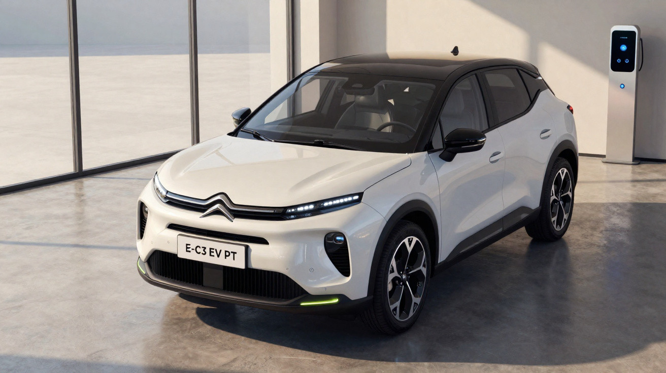 Carro elétrico Citroën E-C3 EV PT branco, estacionado em ambiente interno com carregador ao fundo.