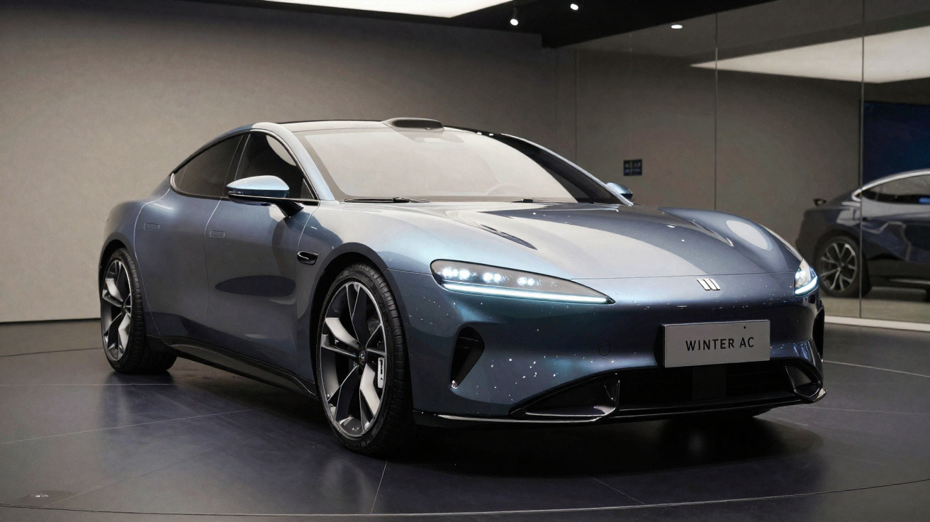 Carro elétrico esportivo cinza metálico modelo Winter AC exposto em ambiente interno moderno.