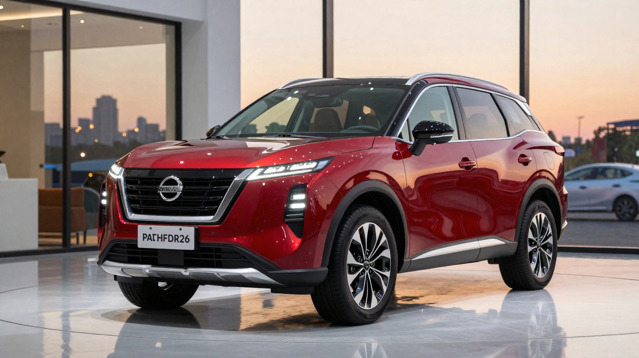 SUV novo Nissan Pathfinder vermelho estacionado em ambiente interno com fundo de cidade ao entardecer.