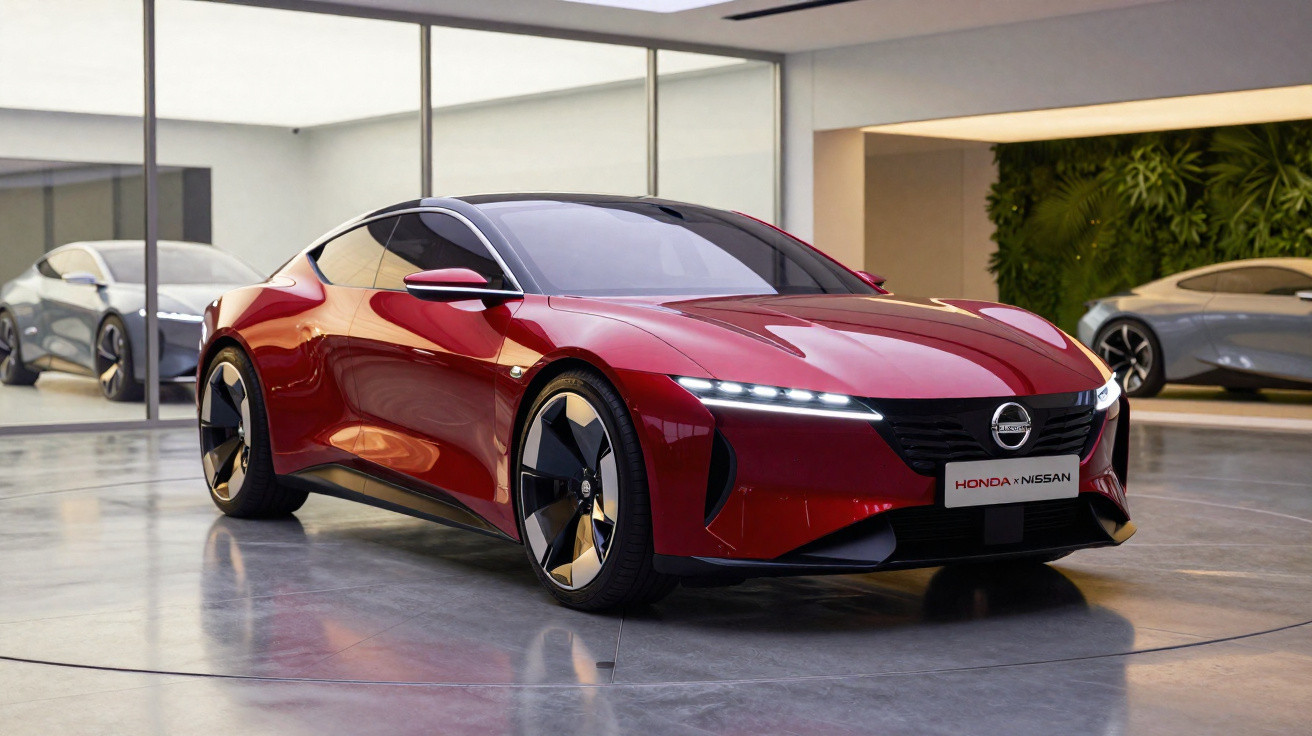 Carro esportivo vermelho com design moderno em ambiente interno refletindo outros veículos no fundo.