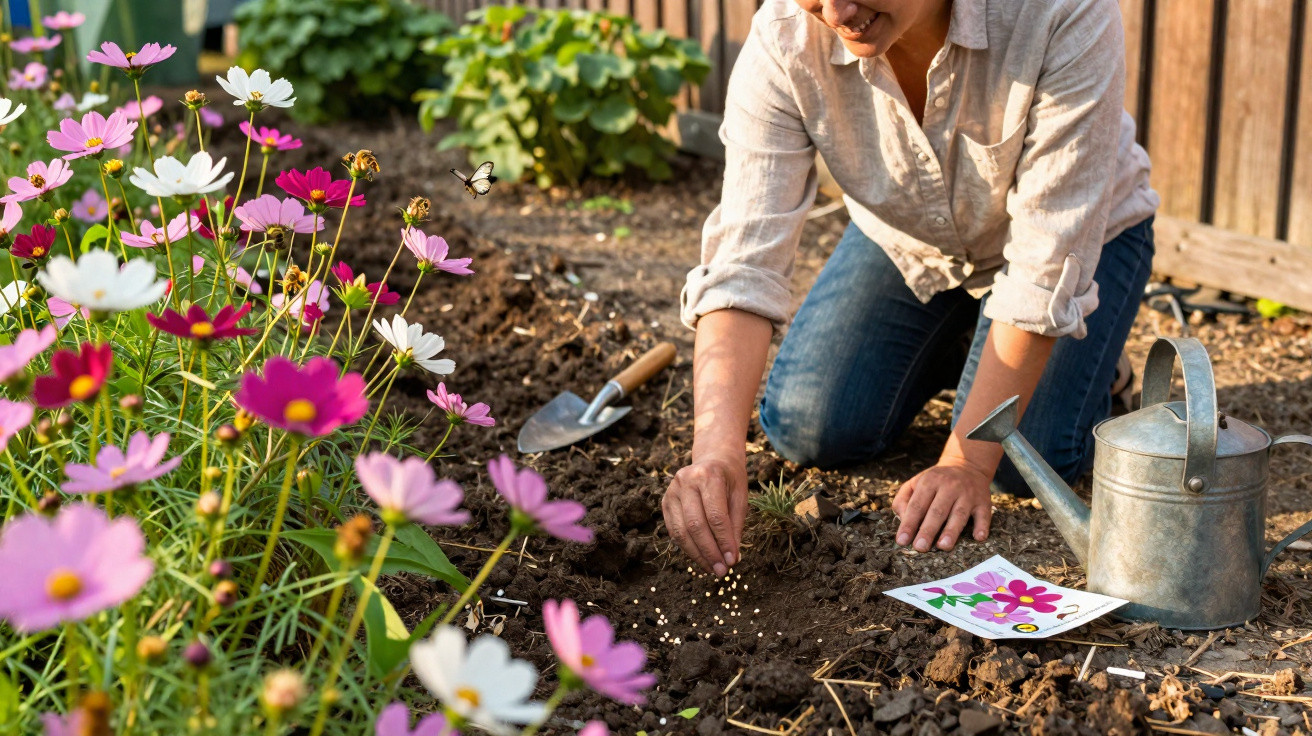 Pessoa plantando sementes em um jardim florido com flores rosa, brancas e regador metálico ao lado.