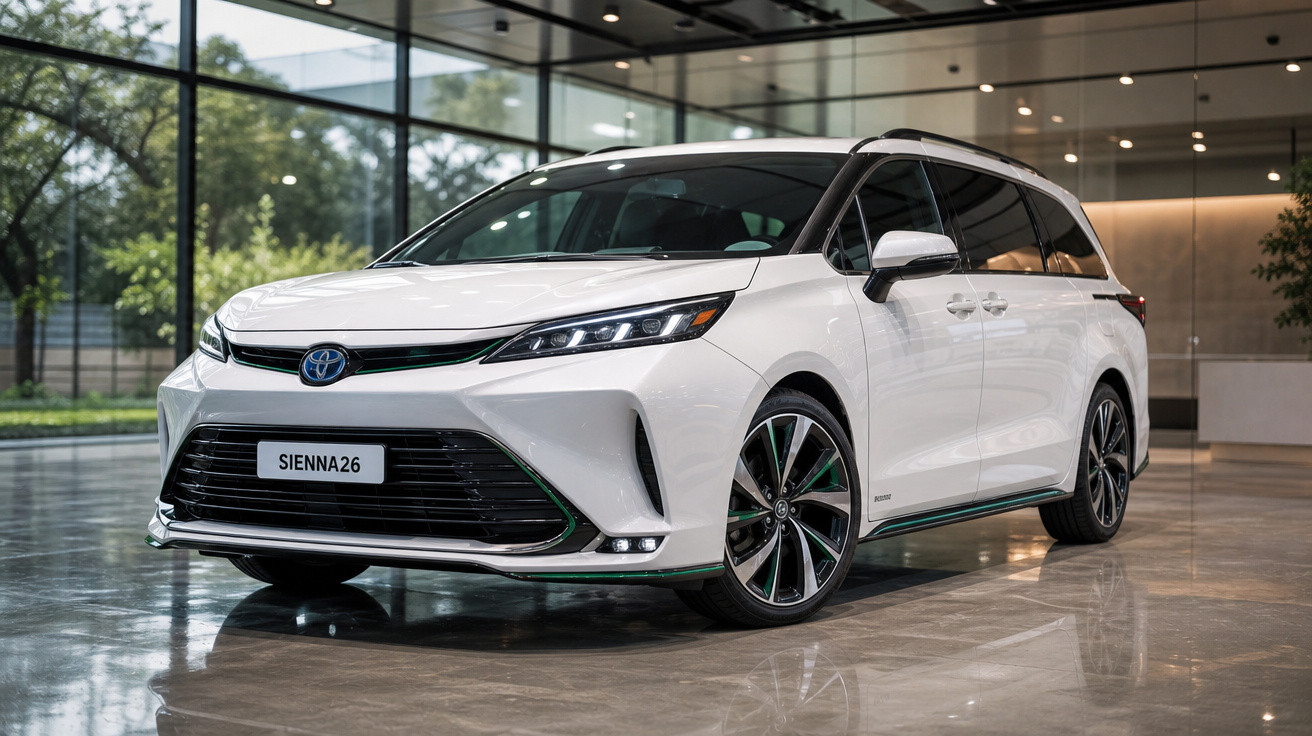 Minivan branca Toyota Sienna 2026 estacionada em ambiente interno moderno com paredes de vidro.
