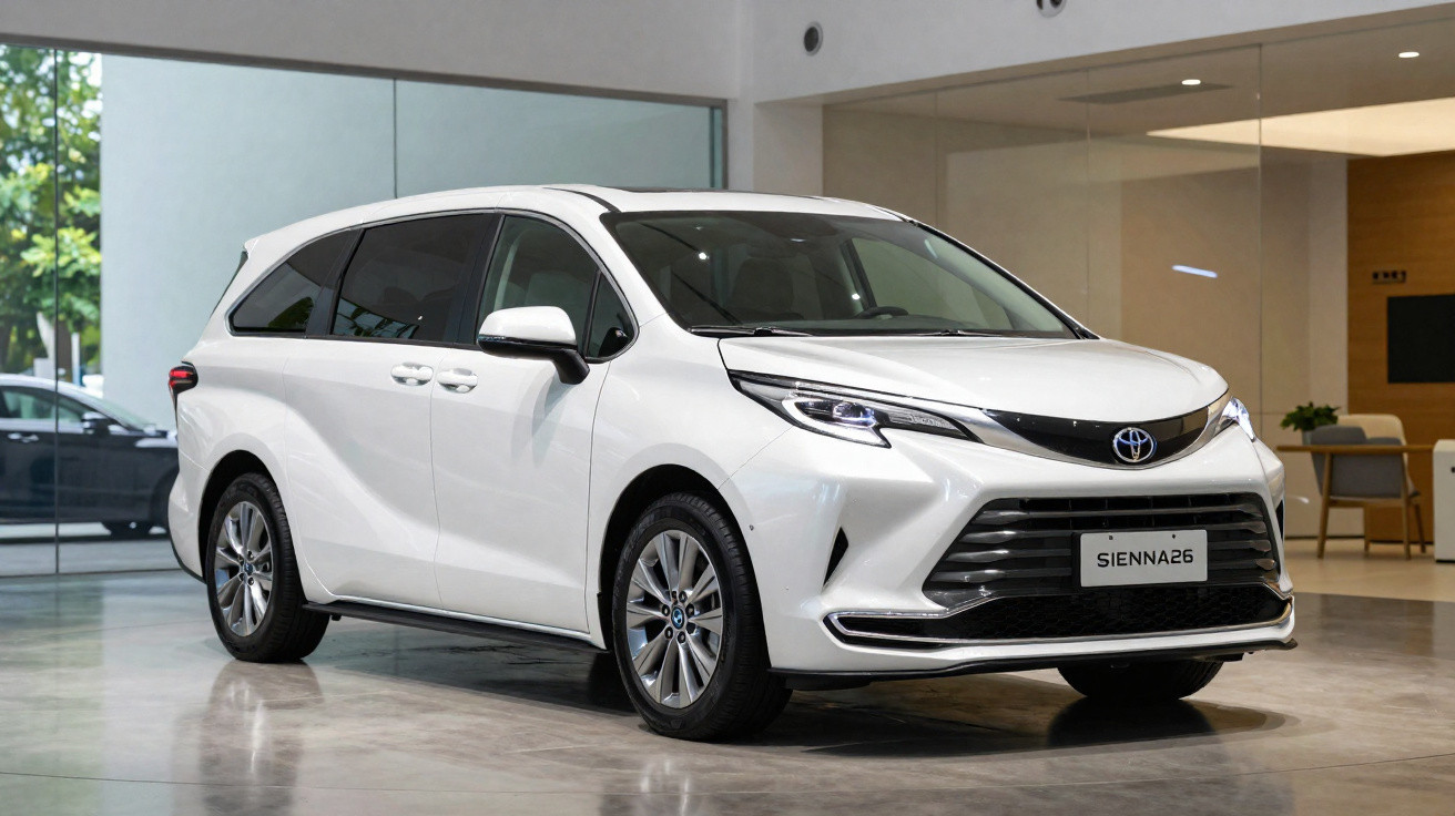 Minivan branca Toyota Sienna 2026 estacionada em showroom moderno com piso refletivo.