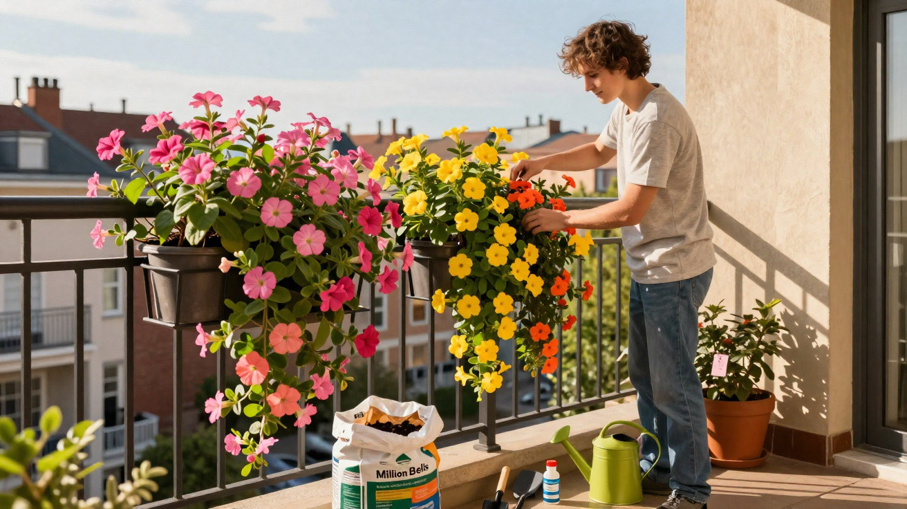 Jovem cuidando de flores coloridas em vasos na varanda de apartamento ensolarado.