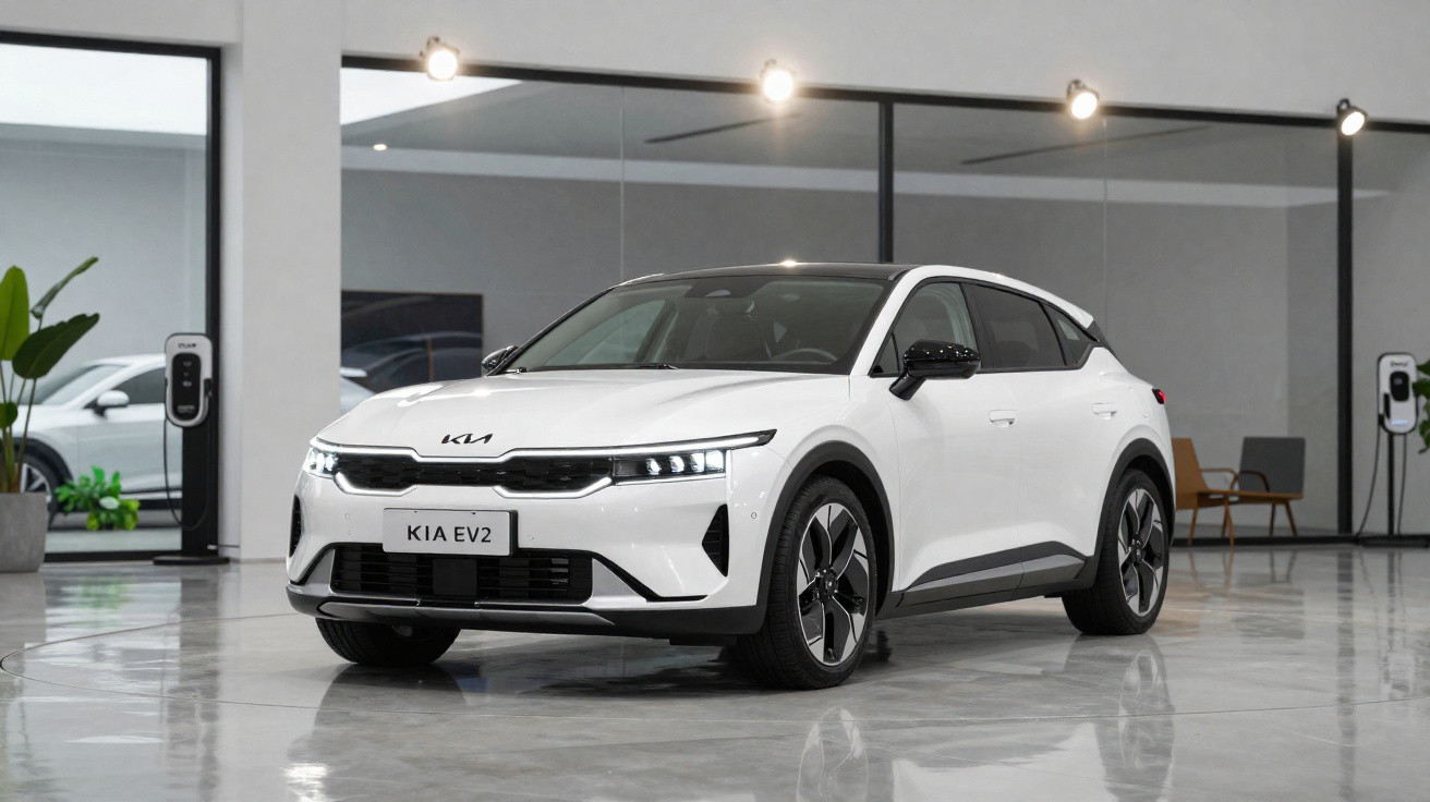 Carro elétrico branco Kia EV2 exposto em showroom moderno com carregadores ao fundo.