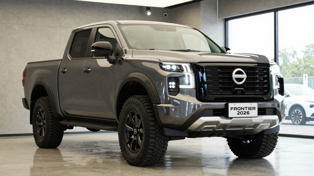 Picape Nissan Frontier 2026 cinza estacionada em ambiente interno com teto baixo e piso refletivo.