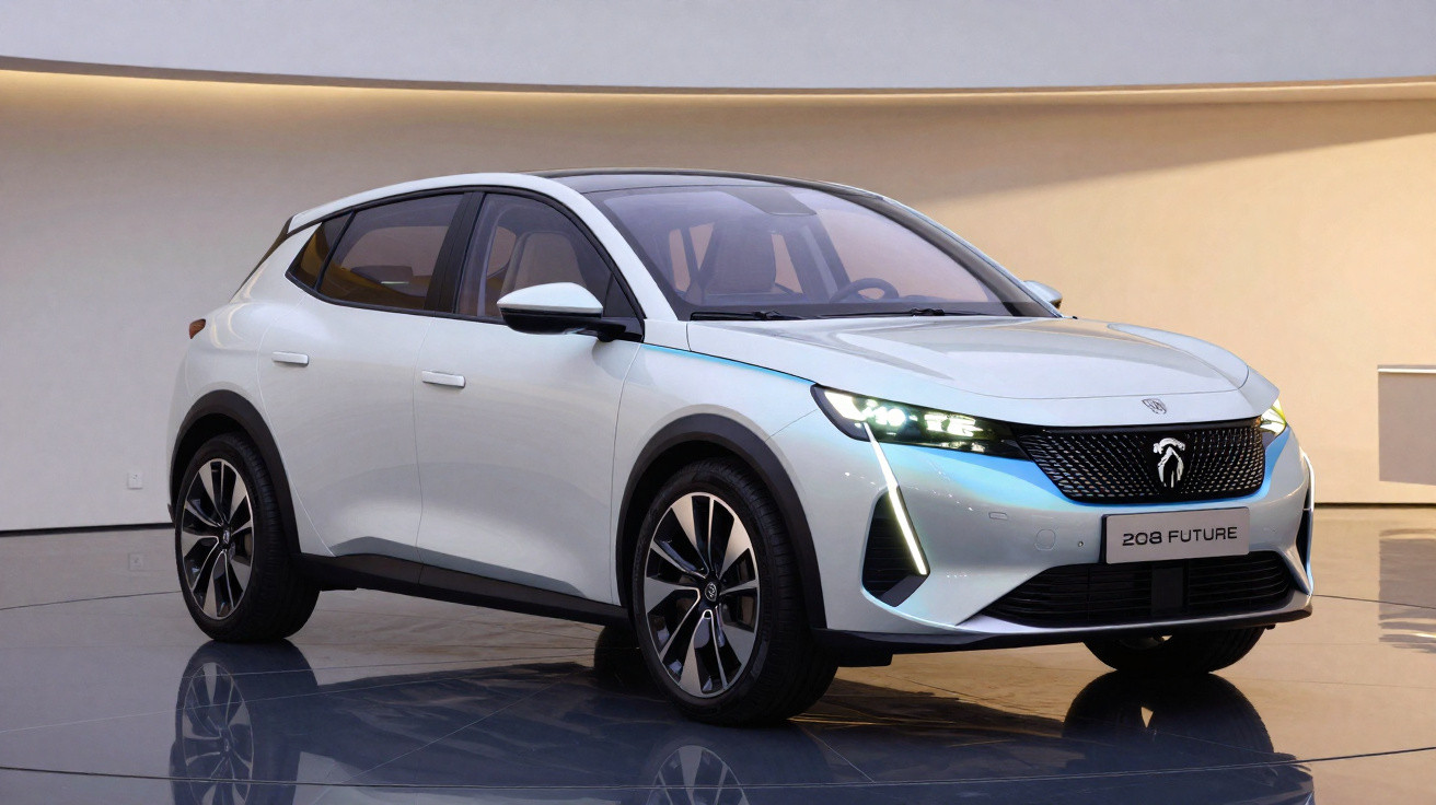 Carro elétrico branco Peugeot 208 Future exibido em estúdio moderno com iluminação suave.