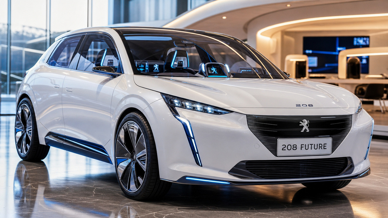 Carro elétrico branco Peugeot 208 Future exposto em ambiente interno moderno com piso refletivo.