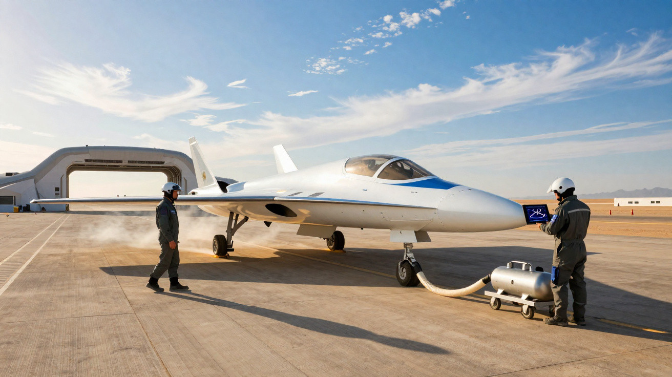 Aeronave futurista branca no solo com duas pessoas em uniforme e capacete realizando manutenção no deserto.
