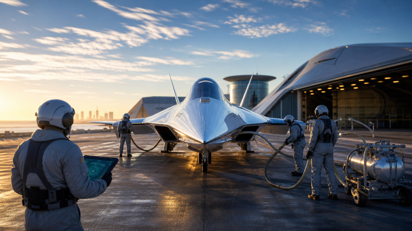 Equipe técnica abastecendo um avião futurista prateado em hangar ao amanhecer.