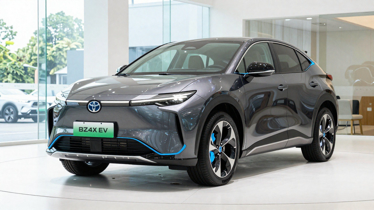 Carro elétrico Toyota BZ4X EV cinza em showroom moderno com detalhes em azul.